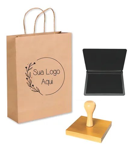 Carimbo Personalizado Madeira 8x8cm Quadrado + Almofada Tinta Preta